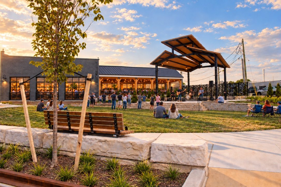Artist's rendering of an outdoor event lawn with a stage