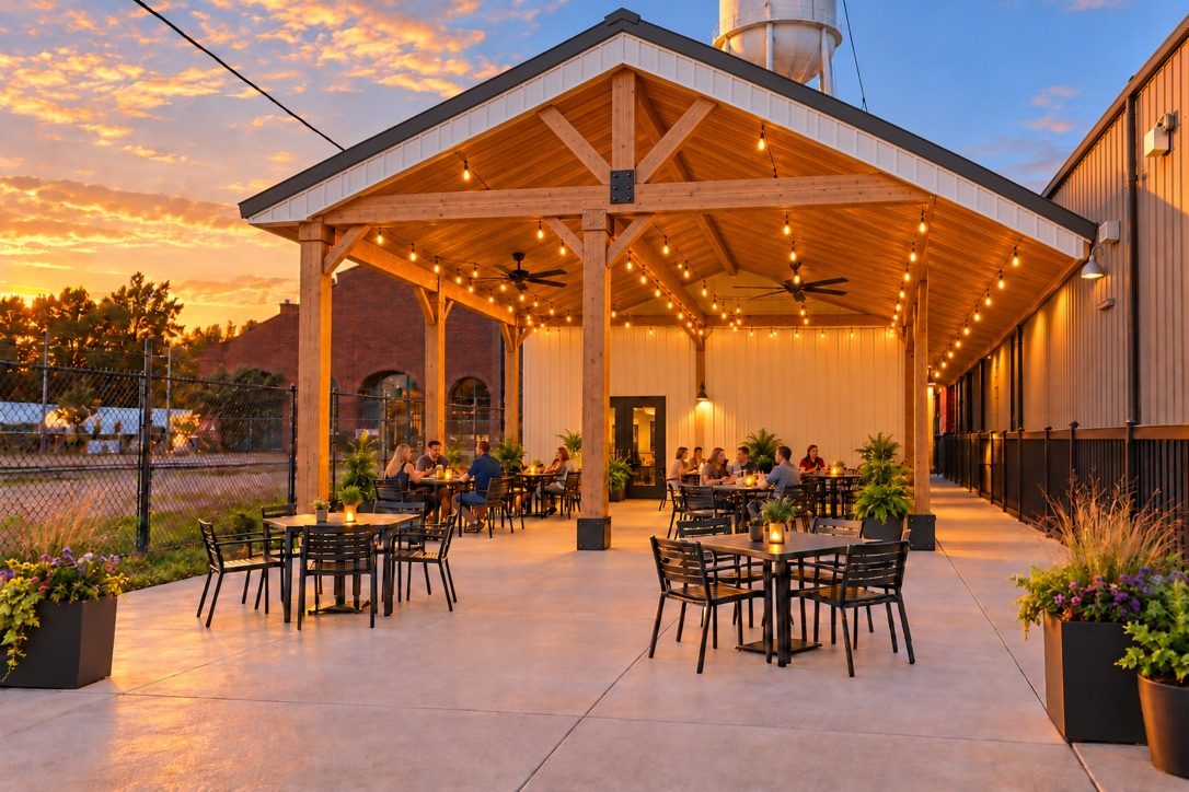Artist's rendering of a covered patio behind the building