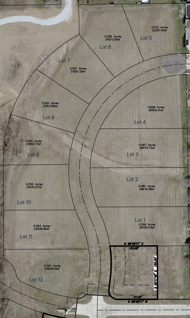 Aerial lot map of the Sunnyview Lane lots with lot numbers and acreage