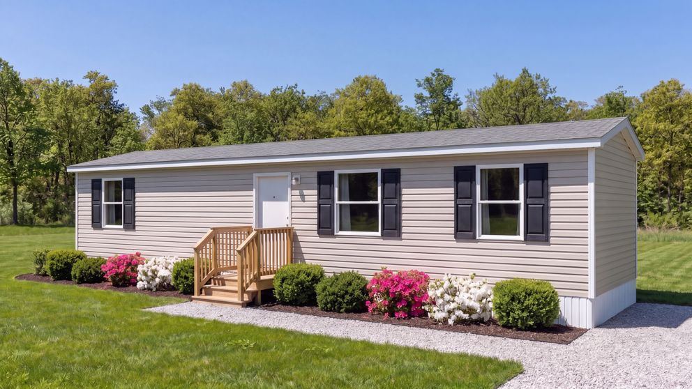 2026 Tru Tulip, tan siding with black shutters (manufacturer photo)